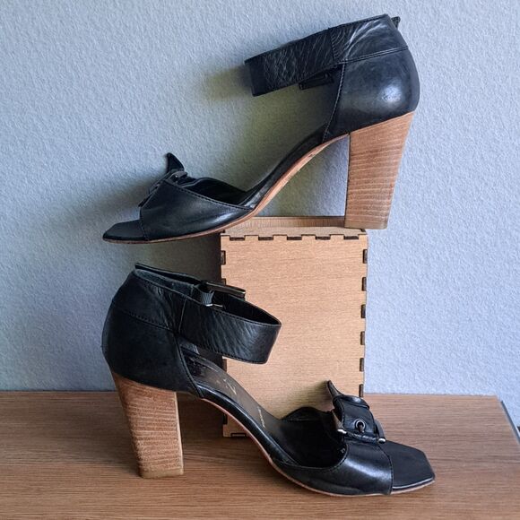 Melin Vintage Leather Ankle Strap Sandals Women 36 Black Block Heel Wood Detail - Picture 5 of 13